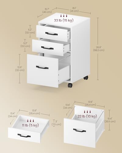 VASAGLE Mobile File Cabinet, 3 Drawers Filing Cabinet with Wheels | Home Office, for A4/Letter Sized Documents, Cloud White, UOFC065WB01 - color: Cloud White, size: 3 Drawers
