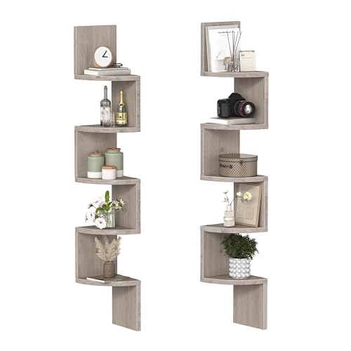 HOOBRO Corner Shelf Wall-Mounted, Set of 2 Floating Corner Shelves for Wall, 5-Tier Corner Bookshelves for Living Room, Bedroom, Bathroom, Home Office, Greige BG26BJP201 - color: Greige, size: 49.2 Inches