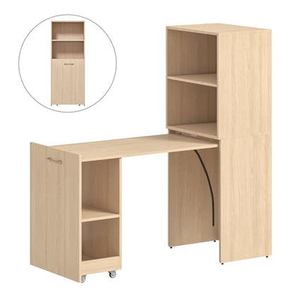 Zevemomo Folding Desk, Convertible Table with Shelves & Wheels - Beige | Folding Desk with Storage, Craft Cabinet with Fold Out Table, Compact Computer Desk for Small Space, Reversible L Shaped Desk - color: Beige