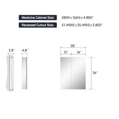 28"x36" Medicine Cabinet with Mirror & Soft Close Hinges, Surface Mount or Recessed Medicine Cabinet with Adjustable Shelves, Bathroom Wall Medicine Cabinet with Storage, Aluminum Alloy Frame, Combo - size: 28" x 36"