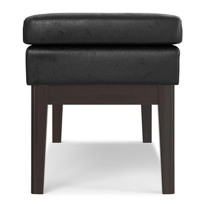 SIMPLIHOME Carlson 45" Wide Vegan Leather Rectangle Ottoman in Black | Distressed black, mid-century modern ottoman bench with a padded seat for bedroom or living room; footstool, footrest. - color: Distressed Black, style: Ottoman Bench
