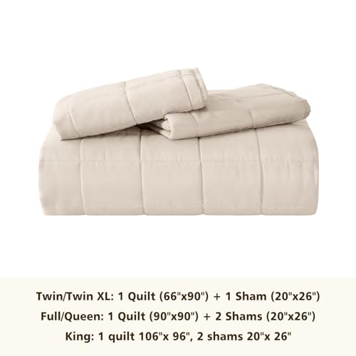 EMME Quilts Queen Size Bedding Sets, Beige Bedspread Soft Lightweight Pre-Washed Bed Set, 3 Piece Cozy Reversible Microfiber Bed Coverlet with Pillow Sham(Square Pattern,90"x90") - color: 03-beige (Squares Pattern), size: Full/Queen(90" x 90")