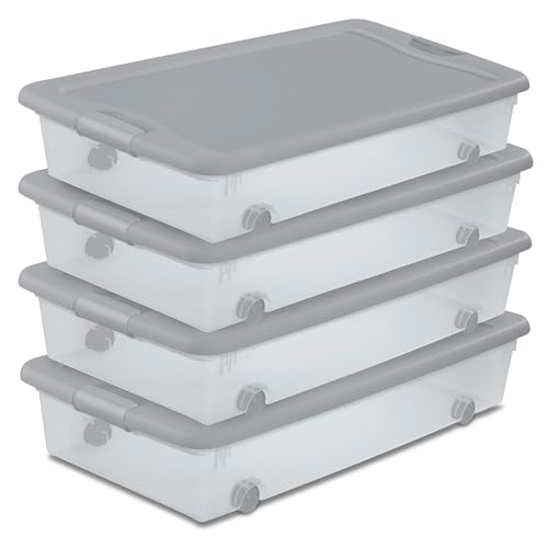 Sterilite Wheeled Latching Box w/Lids for Home & Office, 56 Quart, 4-Pack | Heavy-Duty and Stackable Plastic Containers with Latches for Closet, Cabinet, Bedroom, Bathroom and Dorm Room Organization - color: Silver, size: 4 Pack