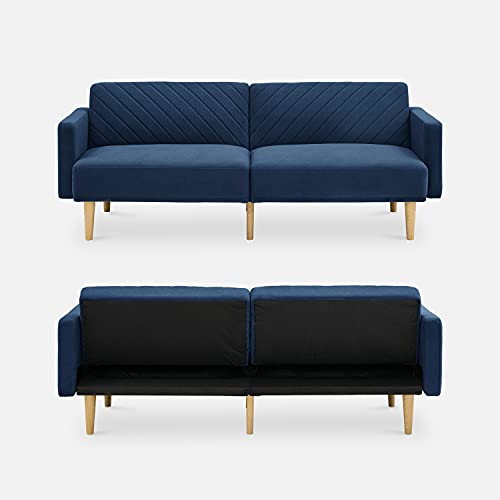 mopio 76.4" Futon Sofa Bed Chevron Styled, Sleeper Couch (Classic Blue Velvet) - color: Classic Blue Velvet