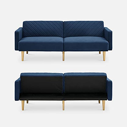 mopio 76.4" Futon Sofa Bed Chevron Styled, Sleeper Couch (Classic Blue Velvet) - color: Classic Blue Velvet
