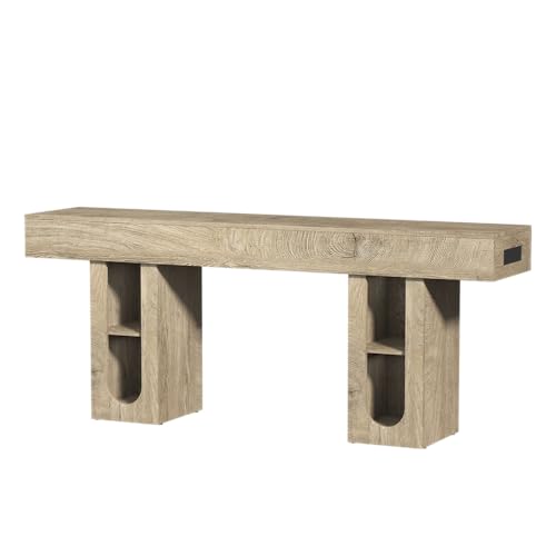 Console Table, Entryway Table, Sofa Table with Outlet, 63 Inch High Density MDF Hallway Table, 5.9 Inch Thick Tabletop, Storage Shelves for Living Room Behind Couch - color: Natural