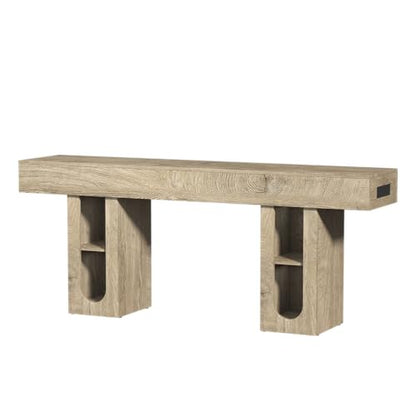 Console Table, Entryway Table, Sofa Table with Outlet, 63 Inch High Density MDF Hallway Table, 5.9 Inch Thick Tabletop, Storage Shelves for Living Room Behind Couch - color: Natural