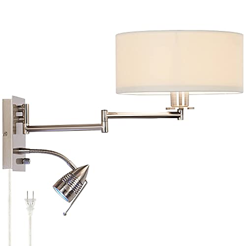 Radix Plug-In Swing Arm Wall Lamp with LED Reading Arm Modern Light Fixture | Mounted Adjustable Brushed Nickel Off White Drum Shade for Bedroom Bedside House Living Room Home Hallway - color: Brushed Nickel