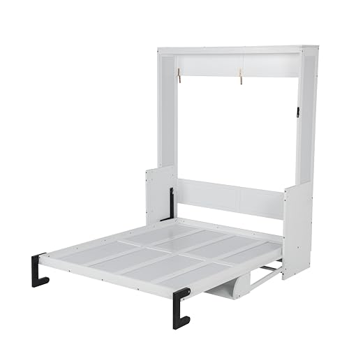 SOFTSEA Queen Size Murphy Wall Bed Frame with Desk, White | Space-Saving Hidden Wall Bed with Desk, Gas Struts, Vertical Murphy Bed Cabinet for Guest Room Home Office - color: White Black