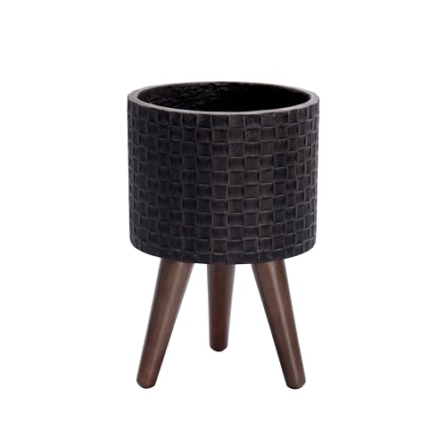 D'vine Dev Planter Pot with Wood Stand, 8 in, Distressed Black, 88-Z-A-5 | Mid-Century Modern Style, Elevated Plant Display, Drainage Hole and Plug, Functional & Stylish, Modern Indoor Planter - color: Distressed Black, size: Small