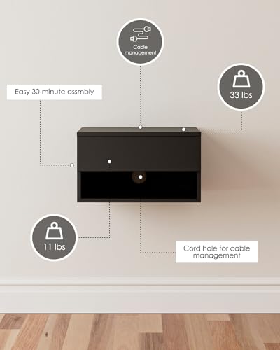 Modern Black Floating Nightstand with Drawer, Small Wall Mount Shelves | Small Space Saver, Modern Minimalist Design, Wall Mounted Shelves, for Bedroom, Bathroom, Living room, Easy Assembly, Black - color: Black