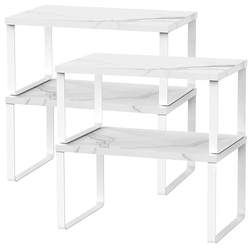 Counter Shelf Set of 4, Kitchen Cabinet Organizer Shelves, Marble White | Countertop Shelf Organizer, Stackable&Expandable, Spice Rack, Bathroom Pantry Racks, Metal and Engineered Wood - color: Marble White