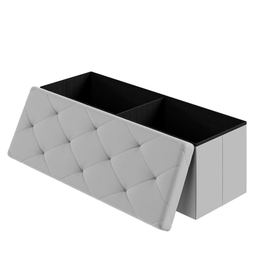 DUMOS 43 Inch Folding Ottoman with Storage Bench, Foot Rest Stool Ottoman | Upholstered End of Bed Storage Bench, Storage Ottoman Loads 660 Lbs for Bedroom, Living Room, Synthetic Leather, Grey - color: Grey, size: 15.2"D x 43"W x 15.2"H