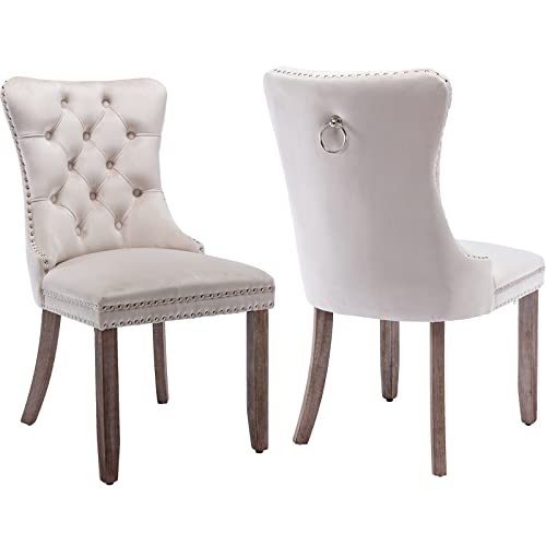 Beige Velvet Dining Chairs Set of 2, Tufted Kitchen & Dining Room Chairs | Two Fabric Tufted Dinning Chairs, Velvet Upholstered, Wing Back, Metal Pull Ring, Wood Frame, Mid Century Modern - color: A-1 Beige Velvet, Wood Legs, size: 2