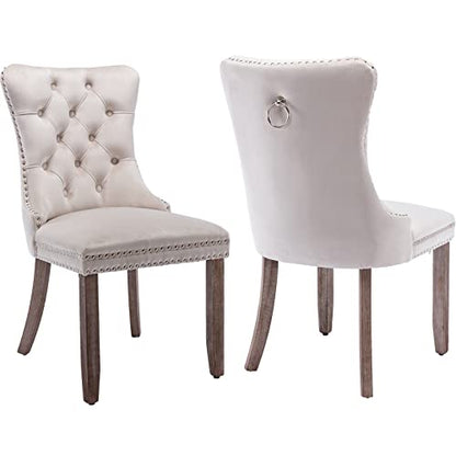 Beige Velvet Dining Chairs Set of 2, Tufted Kitchen & Dining Room Chairs | Two Fabric Tufted Dinning Chairs, Velvet Upholstered, Wing Back, Metal Pull Ring, Wood Frame, Mid Century Modern - color: A-1 Beige Velvet, Wood Legs, size: 2