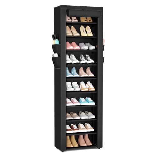 VTRIN Vertical Narrow Shoe Rack Organizer 10 Tier Tall Shoe Shelf Holds 20-22 Pairs with Non-Woven Dustproof Cover for Closet, Entryway Black - color: Black, size: 17.7"W x11.8"D x 68.9"H