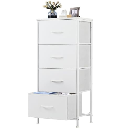 DUMOS Nightstand, Bedside Table with 4 Fabric Drawers | Night Stand with Removable Bins, Steel Frame Wood Top, Small Dresser for Bedroom Closet - color: White, size: 11.8"D x 17.7"W x 37.4"H (4 Drawers)