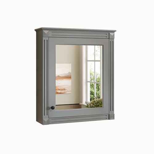 Merax Bathroom Medicine Cabinet with Mirror Door & Adjustable Shelves | 24" x 28" Wall Mounted Bathroom Storage Cabinet with Mirror, Over the Toilet Bathroom Wall Cabinet - color: Grey, size: 24"