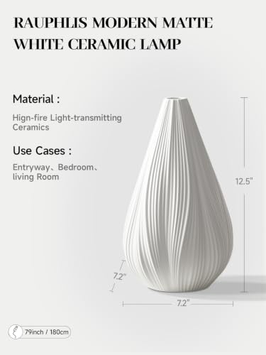 Modern Ceramic Table Lamp for Nightstand, Living Room, and Bedroom, Matte White, Warm Ambient Artistic Lighting, 1.8m Corded, 8 Watts, No Installation
