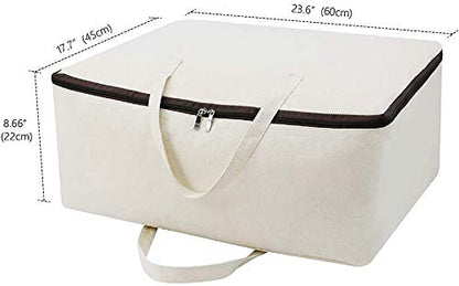 3pcs Cotton Clothes Bedding Storage Organizer Bins with Handles 3-side Zip | Breathable Canvas, Soft Storage Bins, Good for winter Clothes, Sweaters blankets, duvets, pillows Organizer, Beige, washable