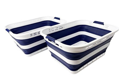 SAMMART 42L (11 Gallons) Collapsible Plastic Laundry Basket - Foldable Pop Up Storage Container/Organizer - Portable Washing Tub - Space Saving Hamper/Basket [BPA Free] (White/Starry Blue (Set of 2)) - color: White/Starry Blue (Set of 2)