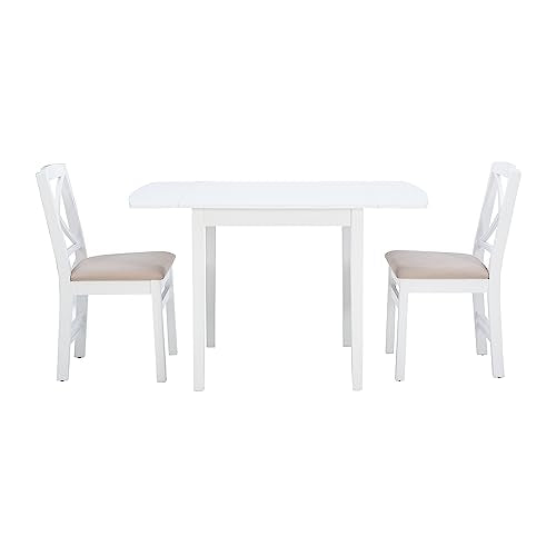 Torino Three Piece Drop Leaf Dining Set in White with Beige Upholstered Seats by Linon - color: White Set