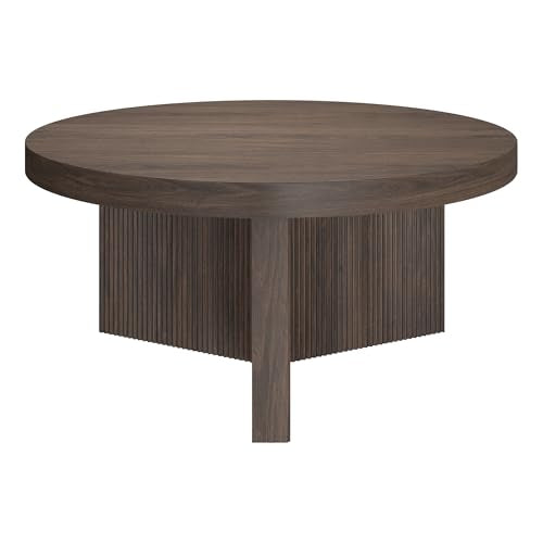 Henn&Hart 32" Scandinavian Fluted Coffee Table, Rich Brown | Ribbed pedestal base and low profile bring Scandinavian style to small spaces including living rooms or family rooms - color: Rich Brown, size: 32 inches
