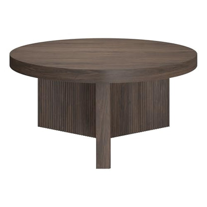 Henn&Hart 32" Scandinavian Fluted Coffee Table, Rich Brown | Ribbed pedestal base and low profile bring Scandinavian style to small spaces including living rooms or family rooms - color: Rich Brown, size: 32 inches