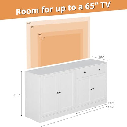 TUSY 71" TV Stand Storage Set - 2 Tall Bookcases & 2 Side Cabinets, Media Console with Glass & Wood Doors, Entertainment Center with Drawers, Tall Media Console for Living Room (White, AFFA) - color: White