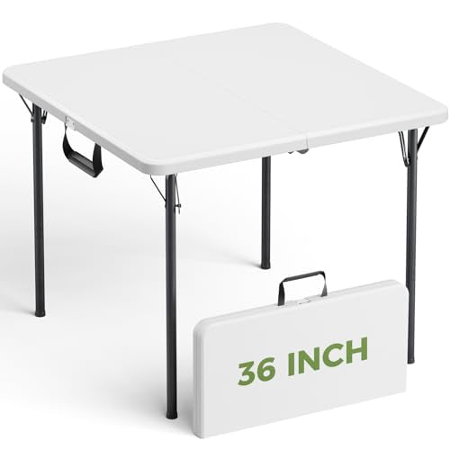 Folding Table, 36 Inch Square Foldable Card Table with Carrying Handle, Heavy Duty Fold-in-Half Portable Table No Assembly, Ideal for Picnic, Camping, RV Travel, Parties, BBQs, Crafting and Indoor Use - color: Off-white, size: 3FT