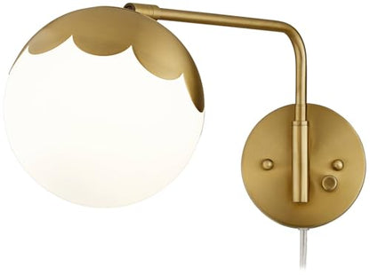 Camila Brass Glass Globe Plug-In Swingarm Wall Lamps Set of 2 Light Fixture | Modern Swing Arm Antique Metal Round Shade for Bedroom Bedside House Reading Living Room Home Hallway Dining - color: Brass - Set of Two