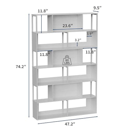 Garvee 6-Tier Bookshelf, Tall Geometric Bookcase, Modern Room Divider & Display Shelf with Anti-Tipping Devices, Mid Century Bookshelf for Living Room - color: White, style: 6-tier