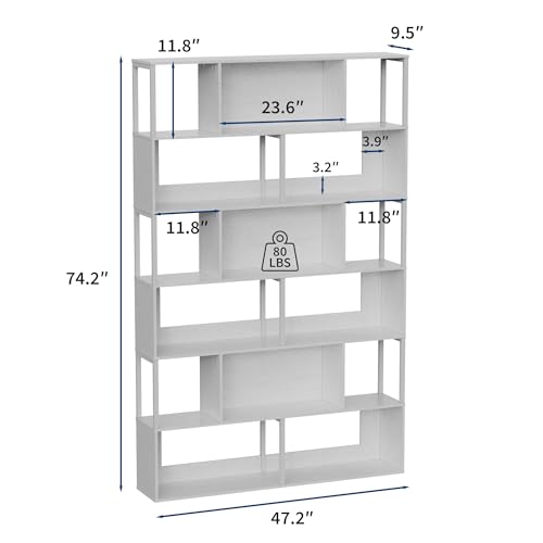 Garvee 6-Tier Bookshelf, Tall Geometric Bookcase, Modern Room Divider & Display Shelf with Anti-Tipping Devices, Mid Century Bookshelf for Living Room - color: White, style: 6-tier