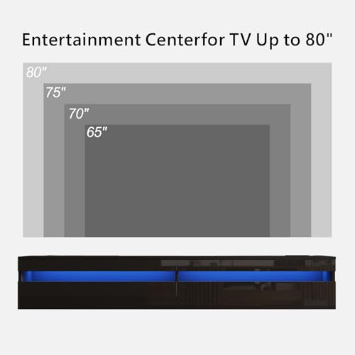 basenji 71" Floating TV Stand Wall Mounted,Solid Wood Entertainment Center with LED Lighting & Power Outlet, High-Gloss Modern Media Console for TVs up to 85",Tv Consoles for Living Room,Black - color: Black
