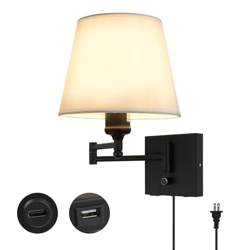 Bedside Wall Mount Light with Dimmable Switch and USB C+A Charging Port, Swing Arm Fabric Shade Wall Sconce Light with Plug in Cord, Black Wall Lamp for Bedroom, Living Room and Hotel - color: Type-C Black