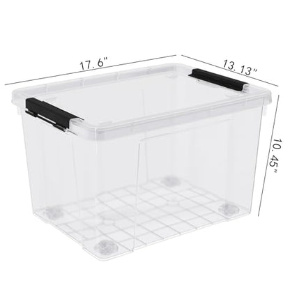 32 Quart Clear Plastic Latch Storage Bins with Wheels, 4 Pack | Large Clear Plastic Storage Box with Lid, Secure Black Side Latches, Built-In Rolling Wheels - size: 32 quart