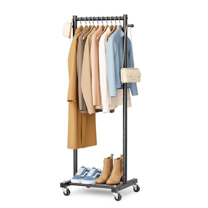 SLEEPING LAMB Small Clothes Racks for Hanging Clothes, Rolling Clothing Rack with Shelves, 60" Metal Garment Rack with Wheels Portable Wardrobe Rack for Small Space, Black - color: Black