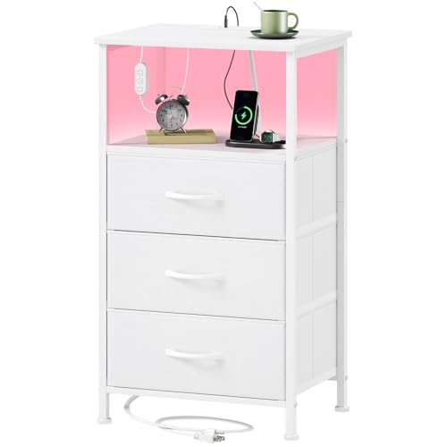 Somdot Tall Nightstand with 3 Drawers, Charging Station & LED Light | Fabric-Bin Dresser for Bedroom, Bedside, Kids Room, Dorm, Closet, Laundry and Entryway, White - color: White, size: 11.8"D x 15.7"W x 28.3"H (3 Drawers)