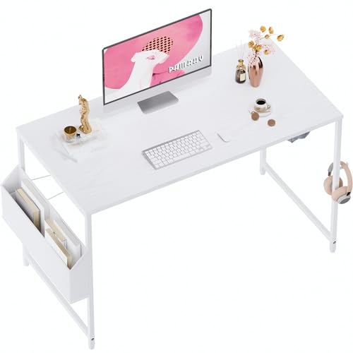 Pamray 47 Inch Computer Desk for Small Spaces with Storage Bag, Home Office Work Desk with Headphone Hook, Small Office Desk Study Writing Table - color: White, size: 47 Inch