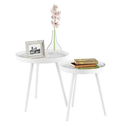 Nesting Side Tables - Set of 2 Round End Tables for Living Room, Bedroom, or Home Office - Accent Table Set with Tray Tops - Mid-Century Modern Living Room Furniture by Lavish Home (White)