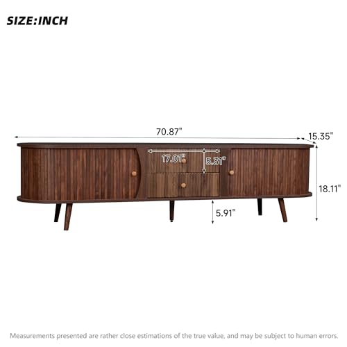 Mid Century Modern TV Stand for 80-Inch TV, Dark Brown, 70.9 Inch | Rolling tambour doors and fluted drawers organize media in a warm mueble para TV made for refined living spaces. - color: Dark Brown-l