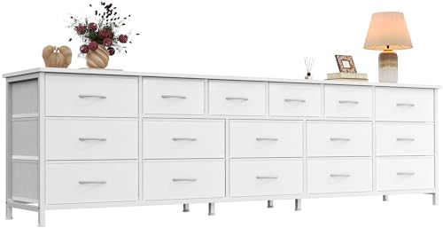 Huuger 77.6" Long Dresser for Bedroom, 16 Drawer Fabric Dresser for Closet, Wide Chest of Drawers with Storage, TV Stand for 65, 75, 85 Inch TV, 77.6" W x 13" D x 26.4" H, White - color: White