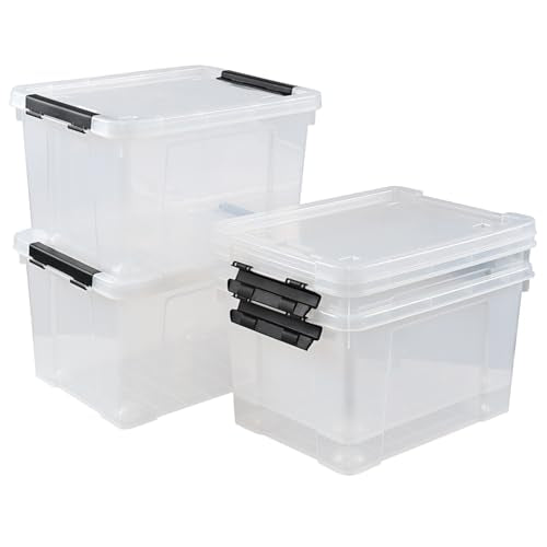 4-Pack 24 Quart Storage Box, Clear Plastic Storage Bin with Wheels | Secure Black Side Latches, Built-In Rolling Wheels, Space-Saving Stackable Home Organizer - size: 24 quart