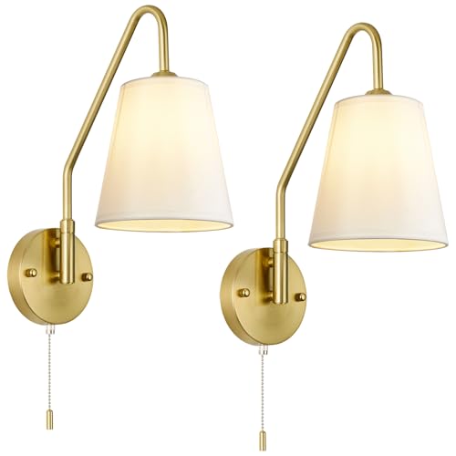 PASSICA DECOR Swing Arm Wall Sconces Set of 2 Hardwired 180 Degree Left and Right Wall Light with Pull Chain Gold Vintage Wall Lamps for Bedroom Farmhouse Living Room - color: Polished Gold