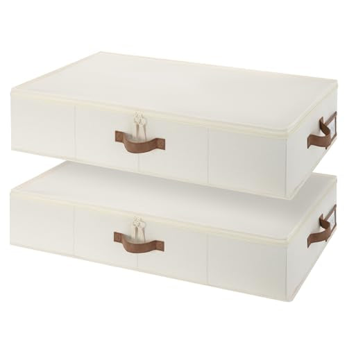 StorageWorks 6 Inch Low Profile Under Bed Clothes Storage Bins with Lids | Reinforced Structure, Resists Sagging, Handles & Label Holder, Foldable Stackable Closet Storage for Clothes, Blankets, Toys - color: Beige, size: 33"L × 17"W × 6"H
