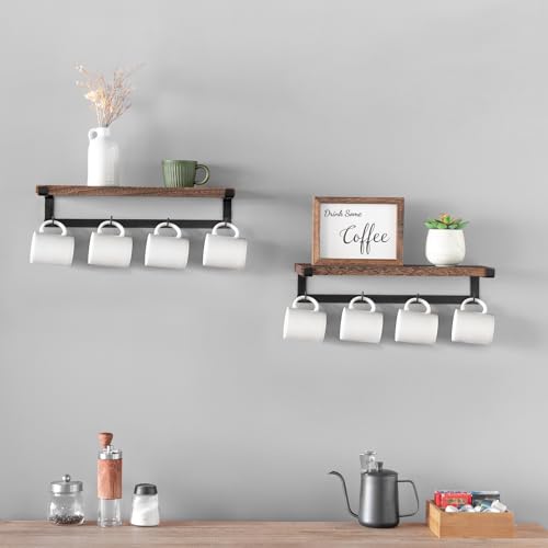Dahey Coffee Mug Holder Wall Mount with Hooks, 2 Pack Wood Cup Shelf, Brown | Space Saving, Storage & Hanging Design, Fits Utensils Spices Cans, Easy Assembly, Hardware Included, Rustic Bar Kitchen Decor