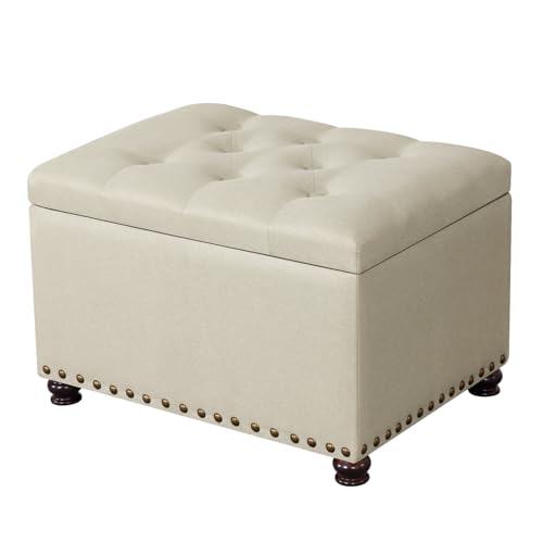 Ottoman with Storage,24" Fabric Ottoman Foot Rest with Hinged Lid Small Rectangle Upholstered Button Tufted Foot Stools Ottomans for Bedroom Living Room Entryway,Beige - color: Beige,bronze Rivets