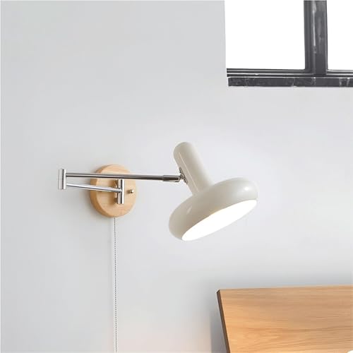 Modern Industrial Adjustable Swing Arm Wall Lamp Pull Chain Switch Wall Sconce Iron Wood Wall Light Fixture for Bedroom Bedside Study Reading Living Room Decorative Lighting