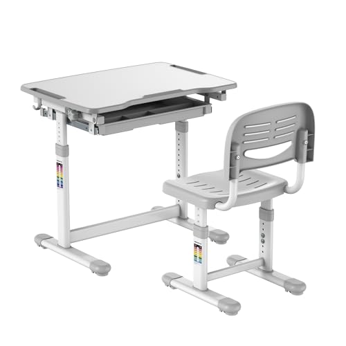 Mount-It! Kids Desk and Chair Set Height Adjustable up to 30" Ergonomic for School - Table and Chairs for Student 26" x 18" Tabletop with Pencil Drawer, 3-10 Age Children, Grey - color: Grey