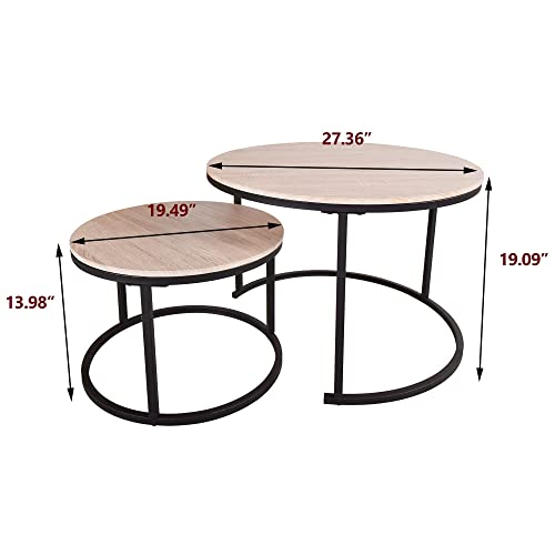 HOMERECOMMEND Round Coffee Table Set of 2 for Living Room,Natural Wood | Round Table with Solid Powder-Coated Metal Frame,round nesting coffee table set of 2 - color: Oak